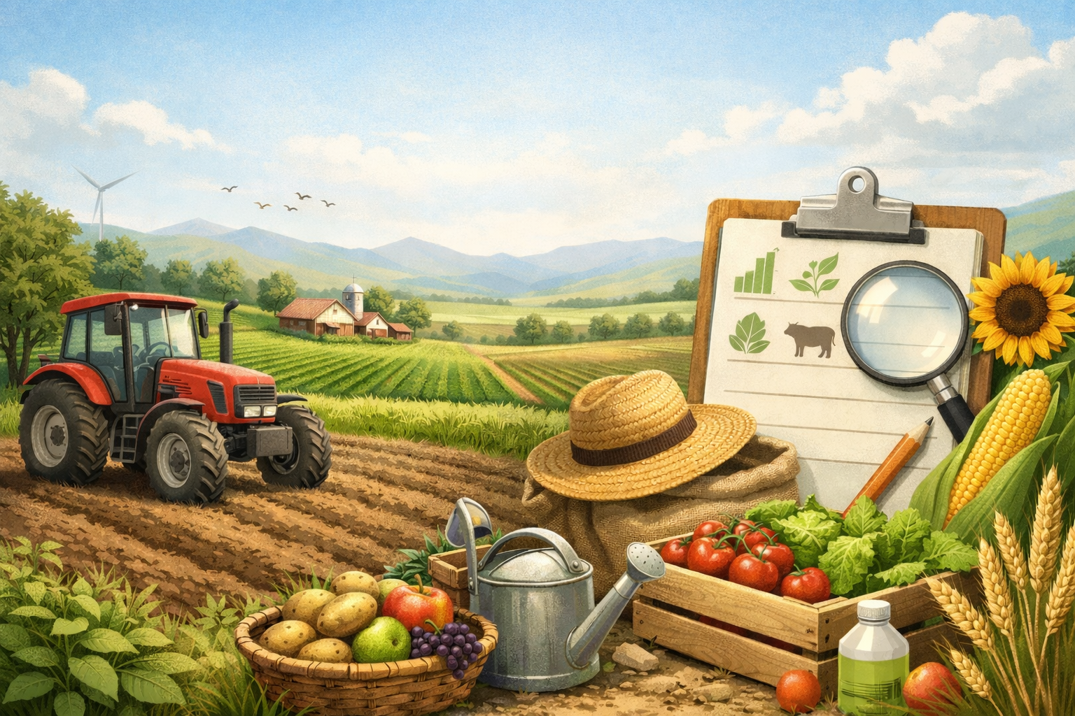 crtež traktora, zemlje, voća i povrća