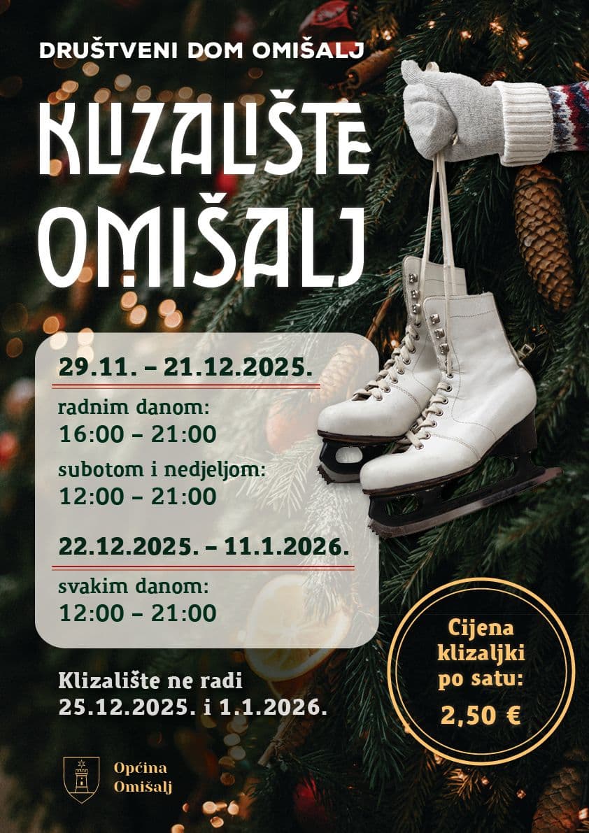 plakat s božićnim drvcem i klizaljkama te radnim vremenom