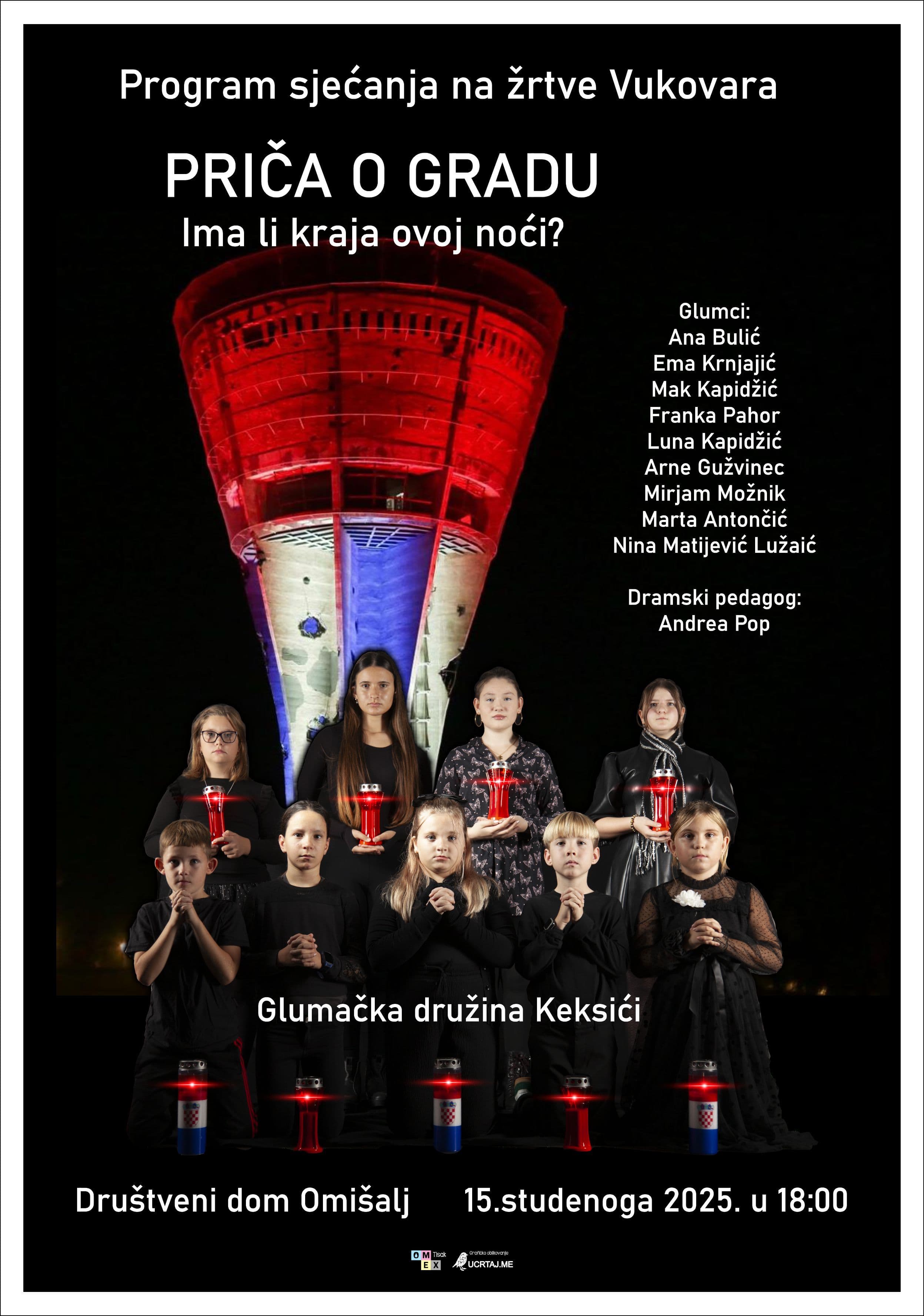 plakat s vukovarskim tornje u pozadini te djecom glumcima ispred sa svijećama u rukama